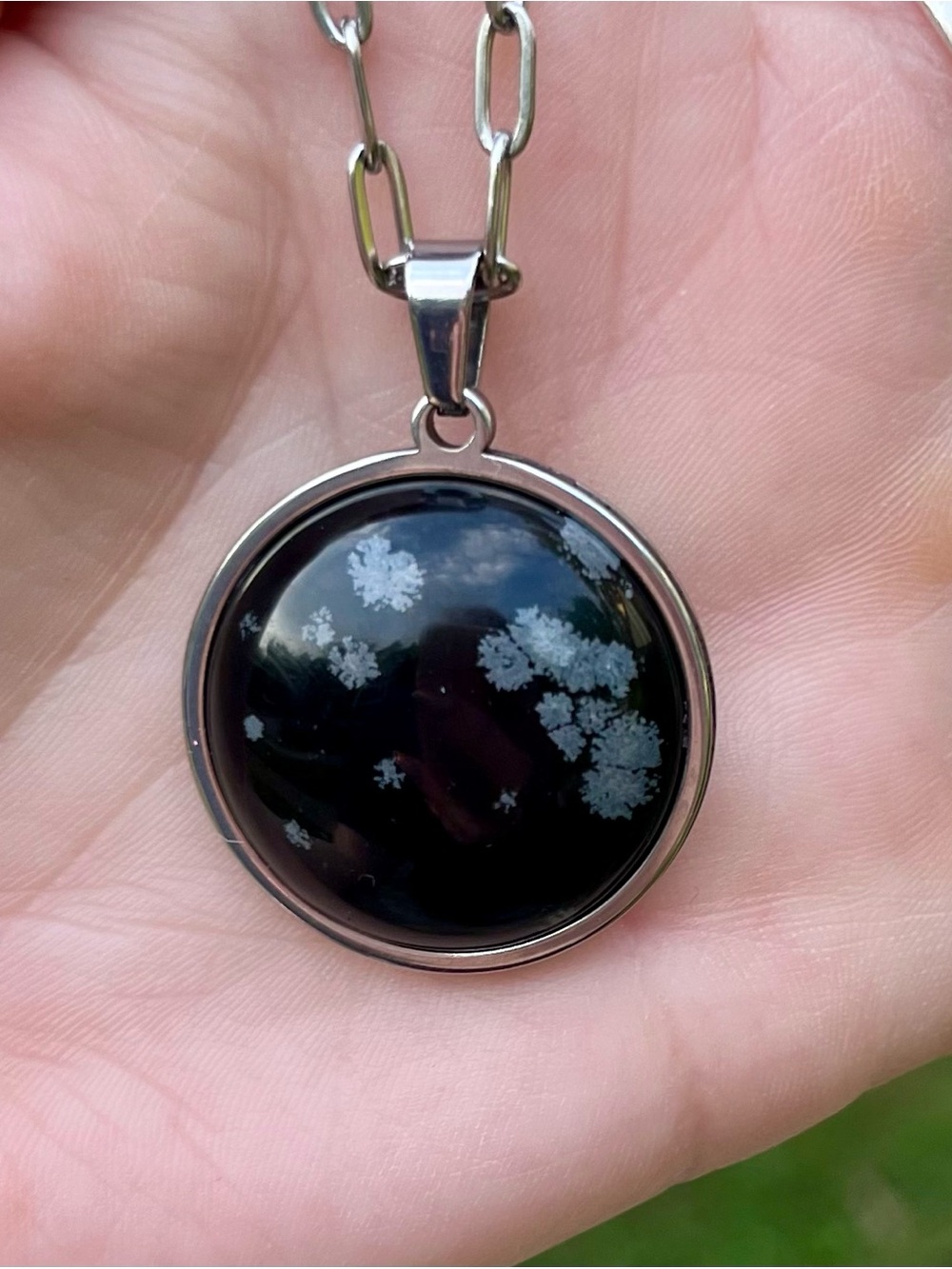 Handmade Snowflake Obsidian Pendant Necklace - Black and Silver